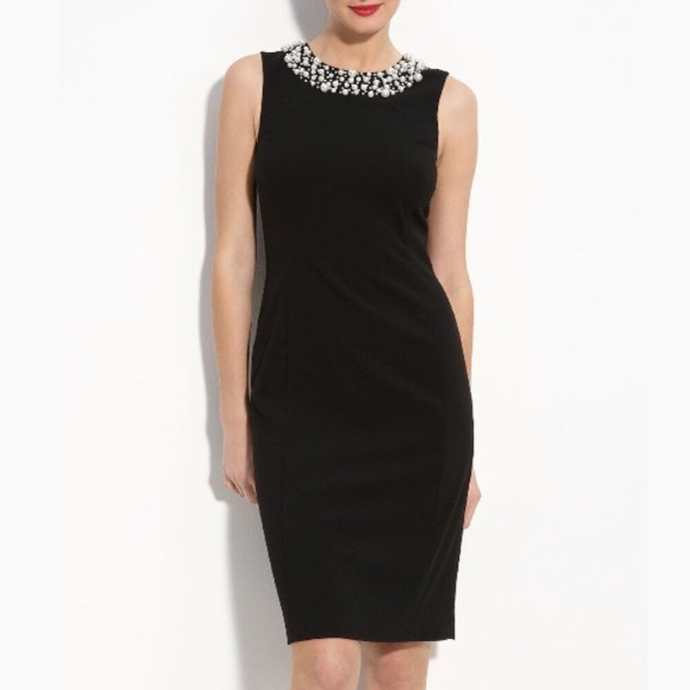 NEW Calvin Klein Women's Classic Formal Black with Pearls Neckline Sheath Dress